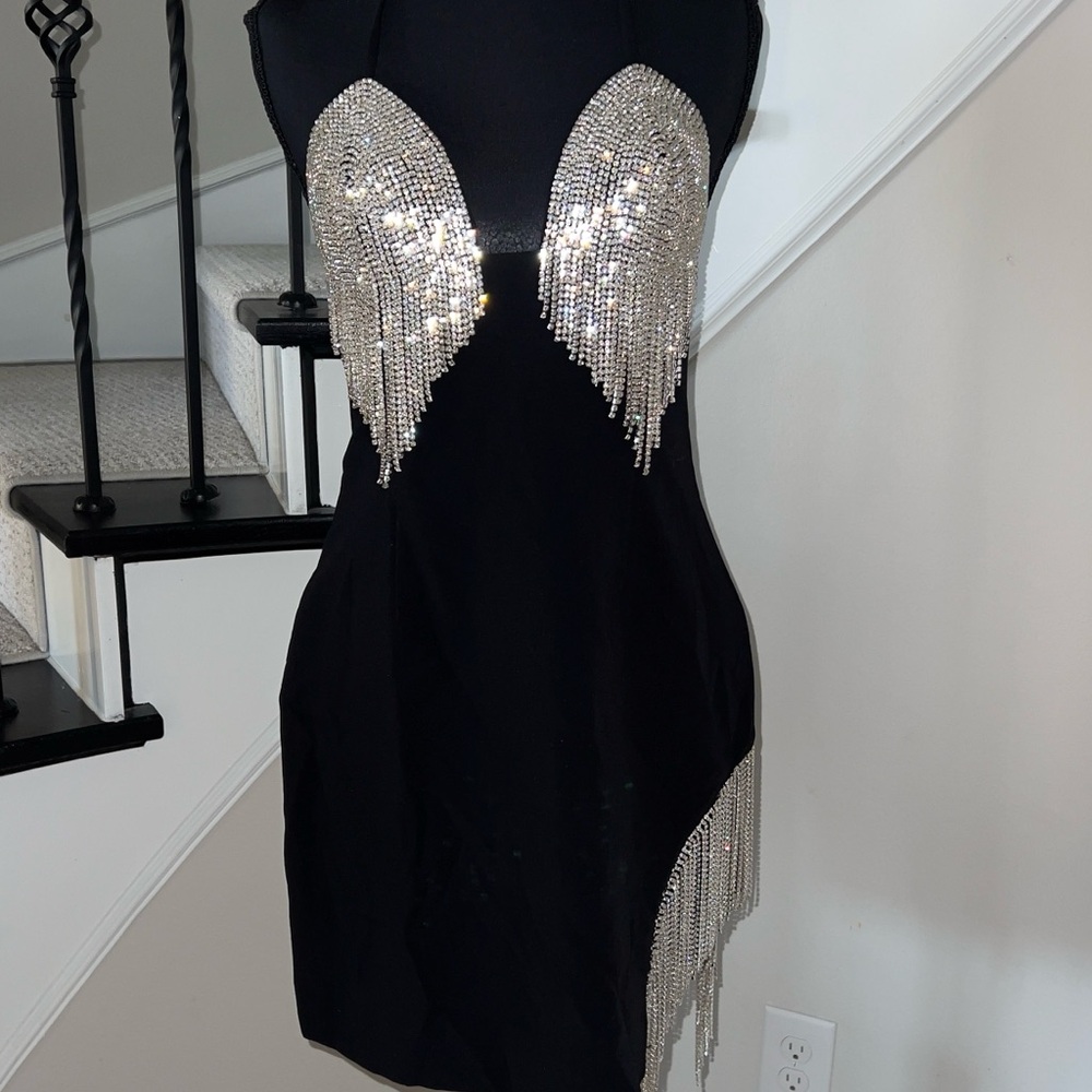 NWT MISS CIRCLE Black Quenna Rhinestone Embellished Mini Dress (M)